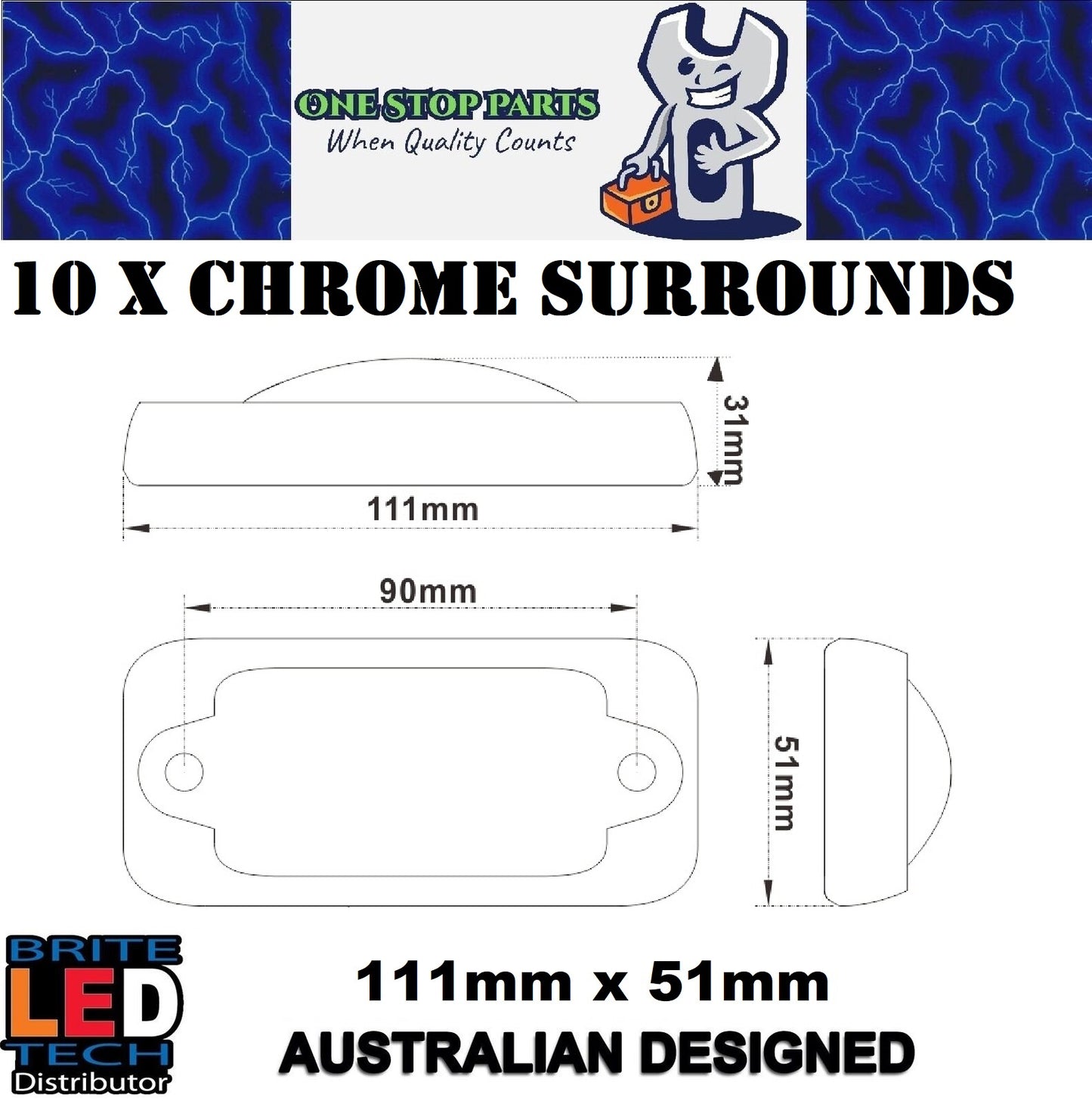 10 x CHROME BRITE LED TECH LARGE MARKER LAMP SURROUNDS 10PC PACK