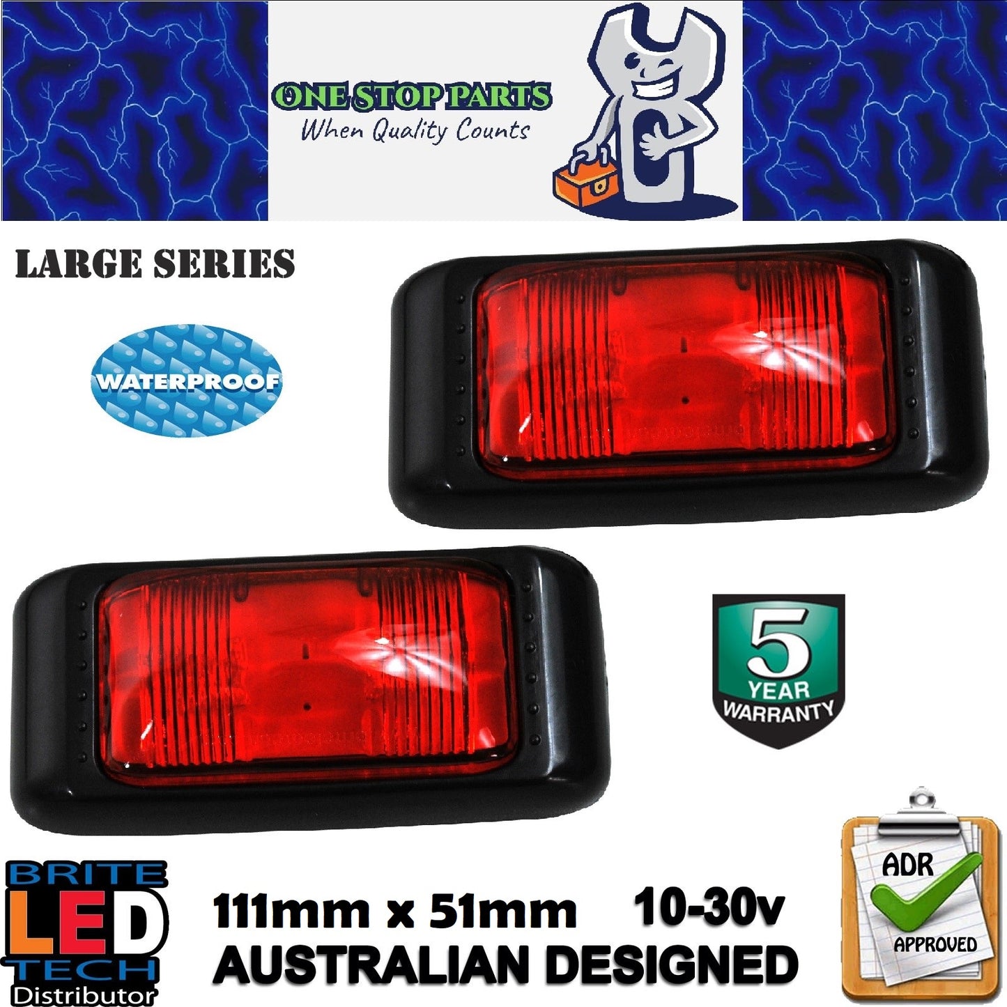 2 LARGE SERIES RED LED MARKER LIGHTS LAMPS M/Volt 10-30v ADR 5yr Warranty (2)
