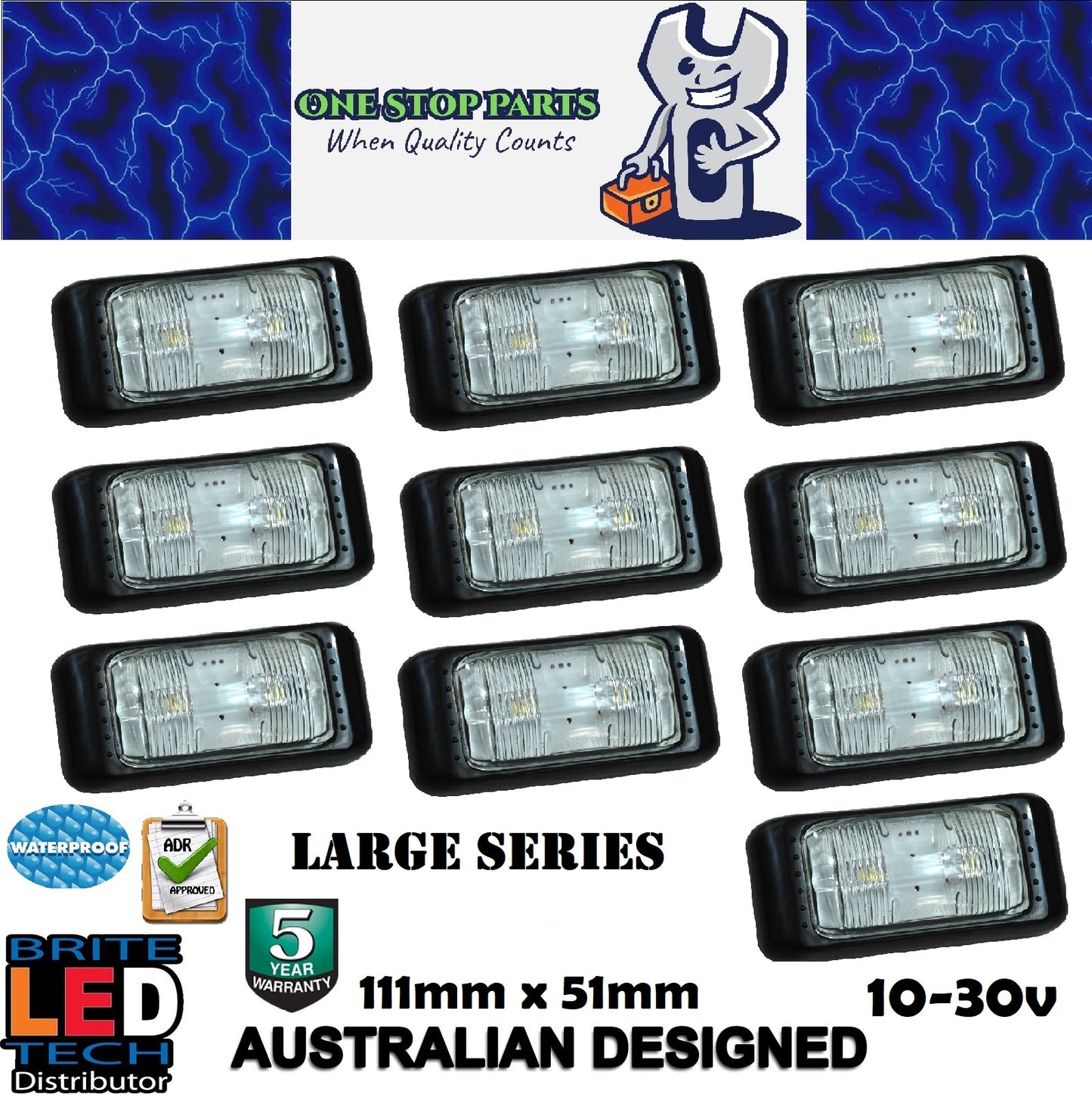 10 LARGE SERIES WHITE LED MARKER LIGHTS LAMPS M/Volt 10-30v ADR 5yr Warranty