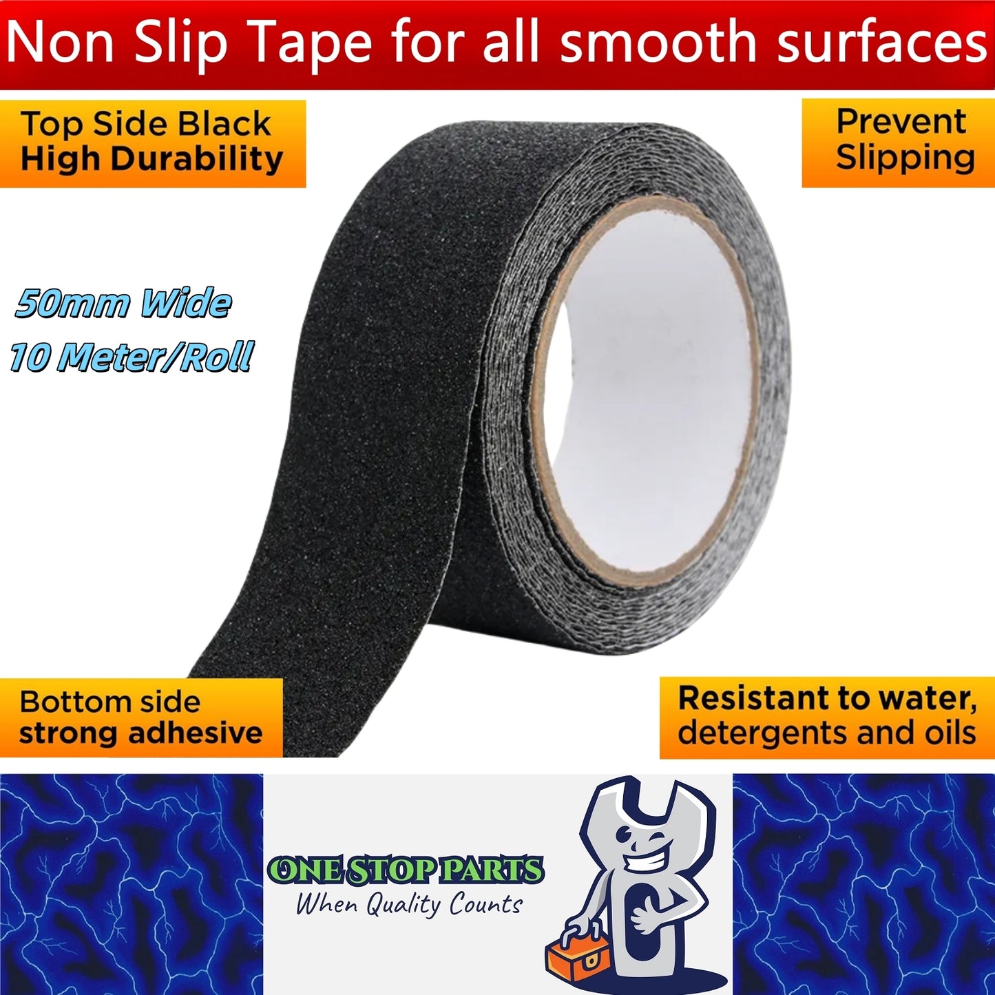 Non Slip Tape 50mm Wide x 10 Meter Roll Black Safety Anti Slip Non Skid Tape