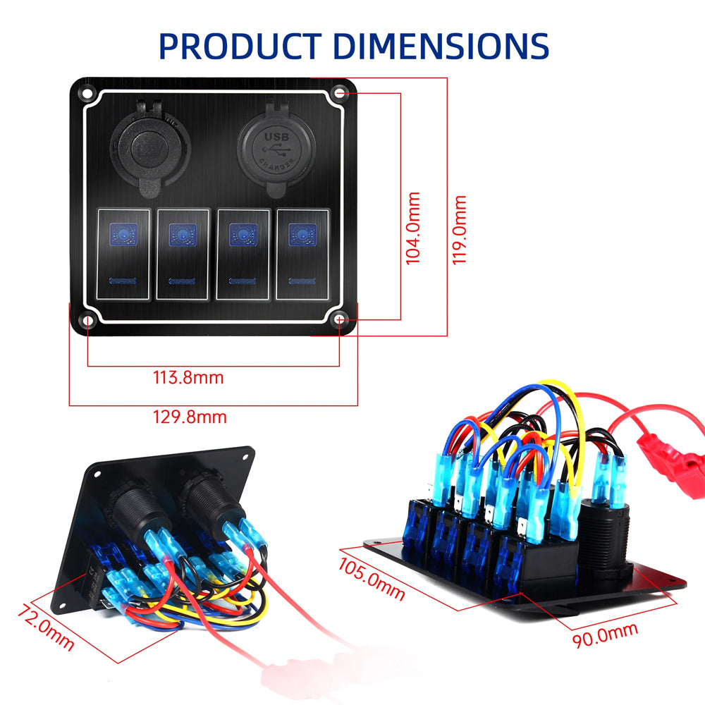 Metal 12V-24V 4 Gang LED Rocker Switch Panel with USB Port 12V Outlet Marine Car