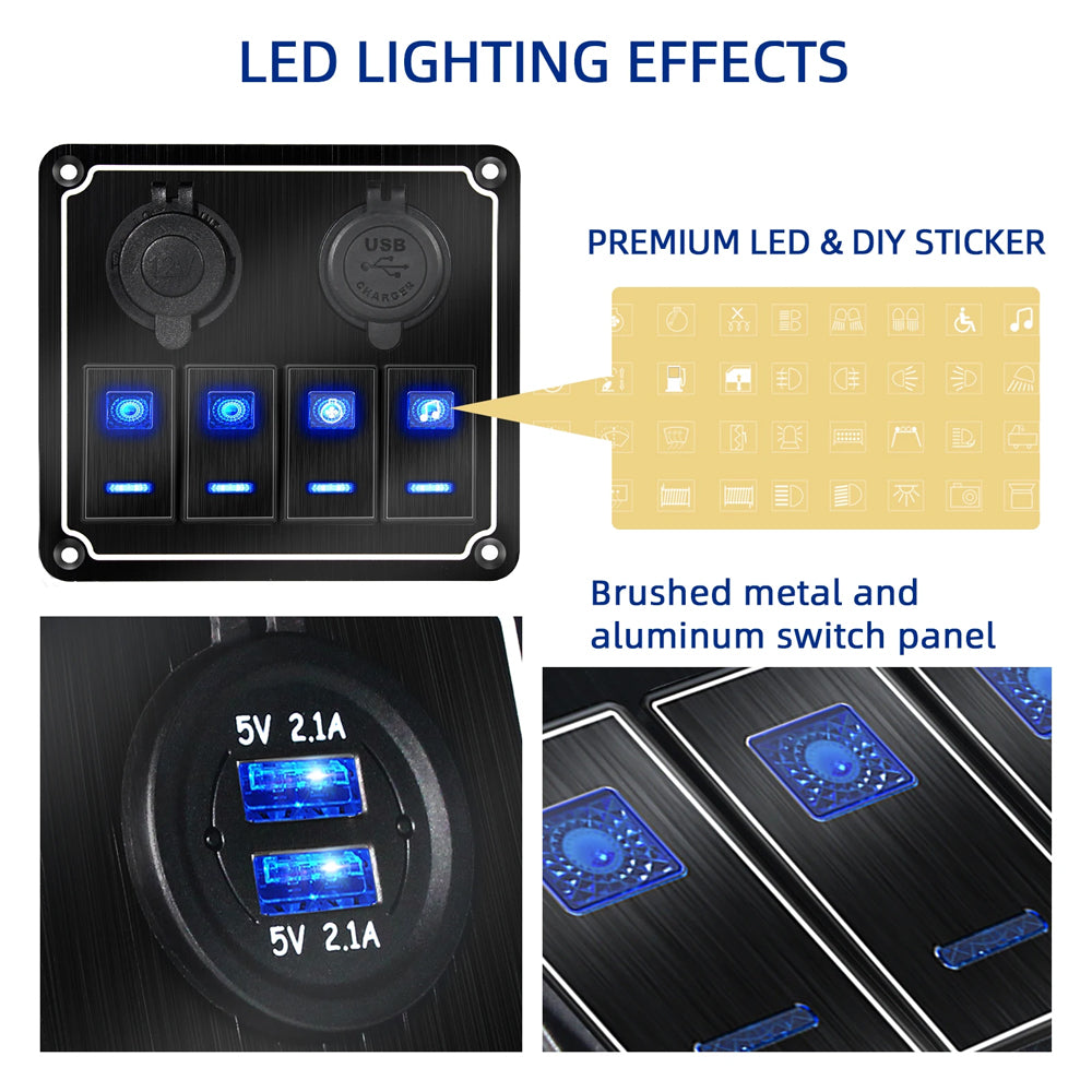 Metal 12V-24V 4 Gang LED Rocker Switch Panel with USB Port 12V Outlet Marine Car