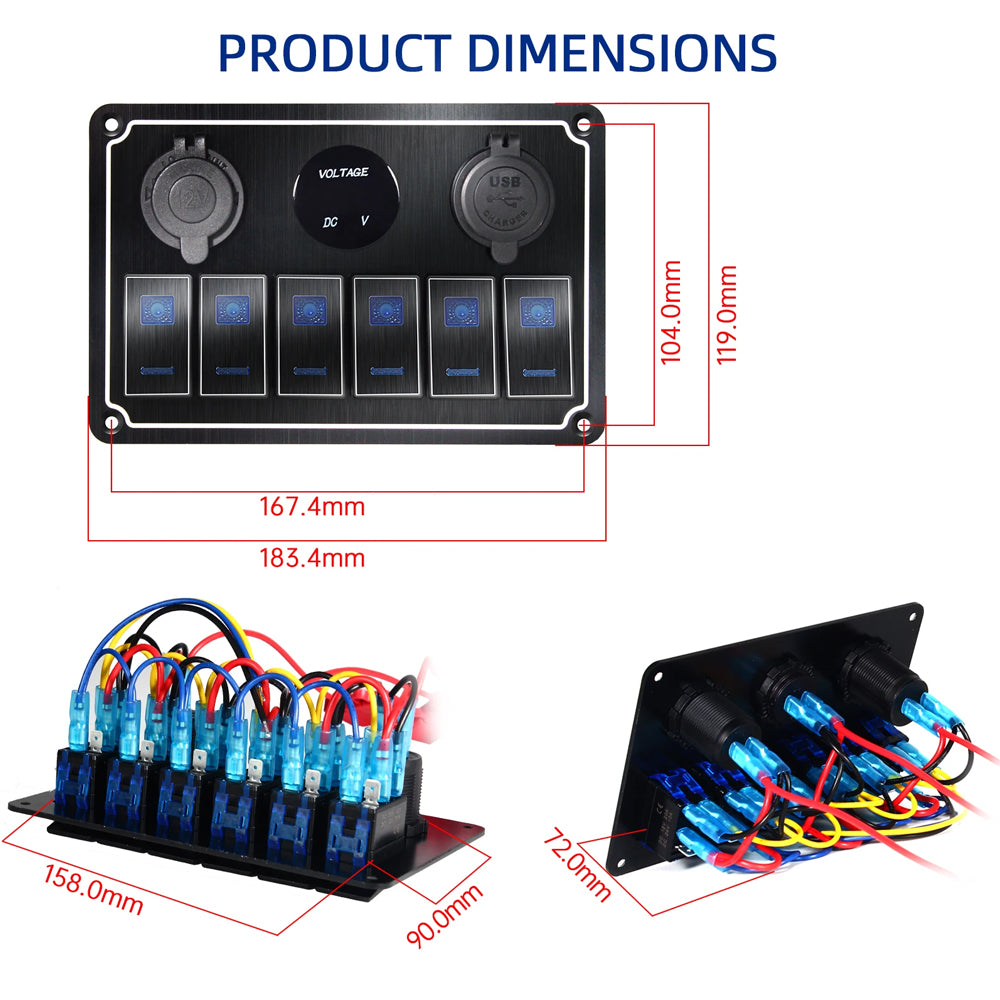 Metal 12V-24V 6 Gang LED Rocker Switch Panel with USB Port 12V Outlet Voltmeter