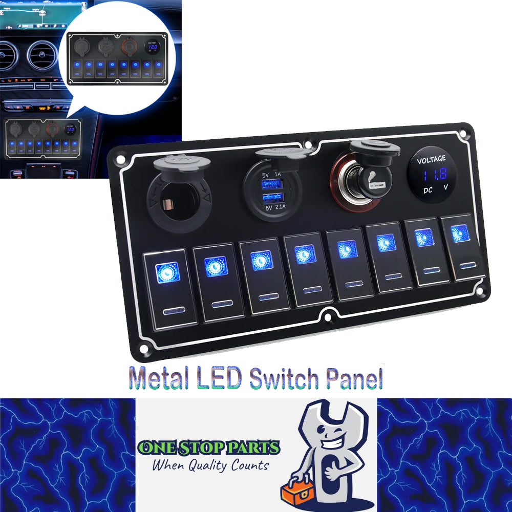 Metal 12V-24V 8 Gang LED Rocker Switch Panel with USB Port 12V Outlet Voltmeter