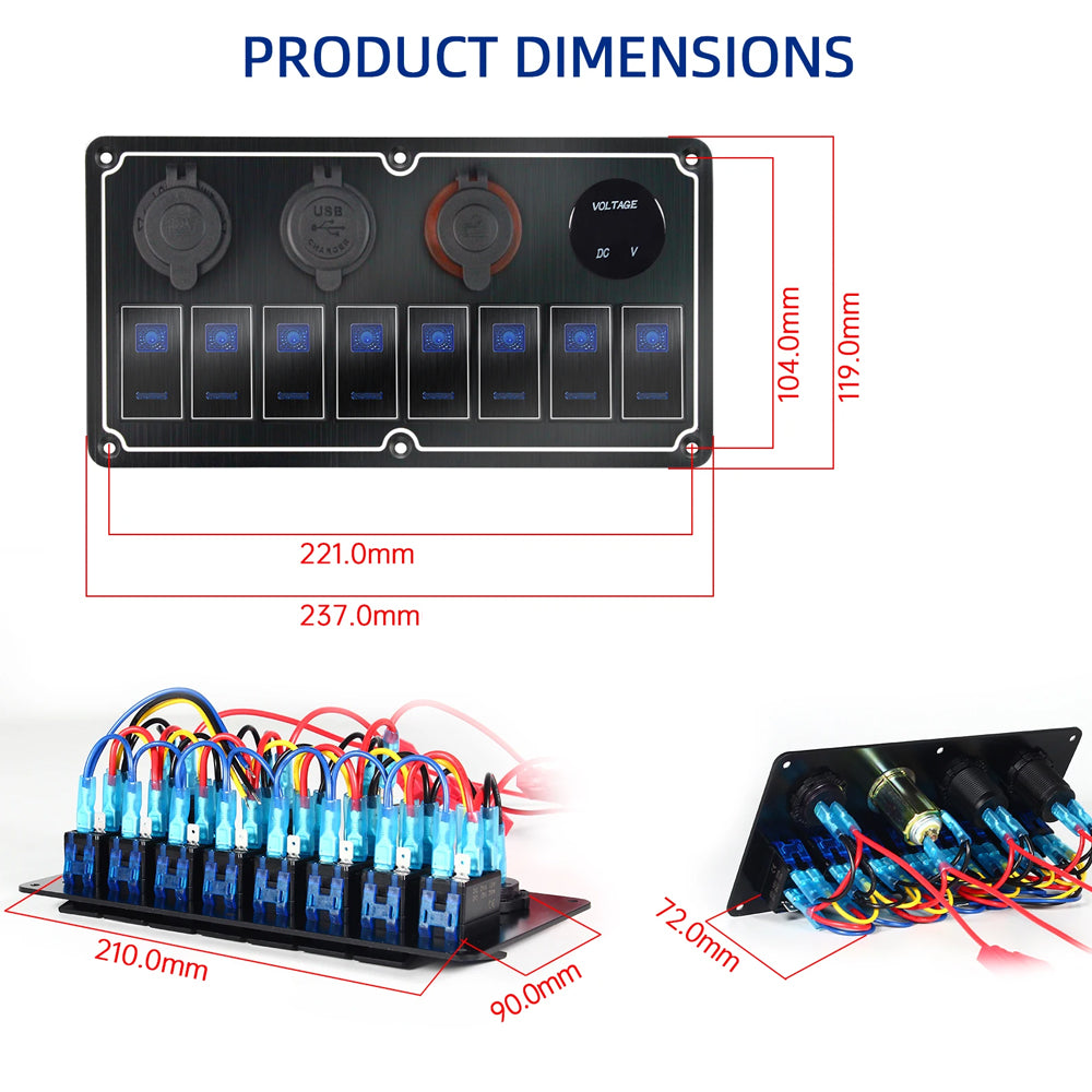 Metal 12V-24V 8 Gang LED Rocker Switch Panel with Voltmeter USB Port 12V Outlet