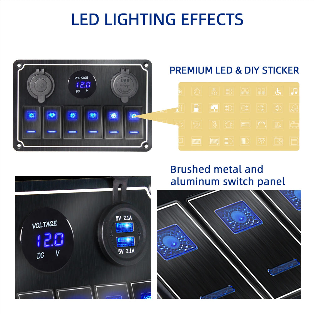 Metal 12V-24V 6 Gang LED Rocker Switch Panel with USB Port 12V Outlet Voltmeter