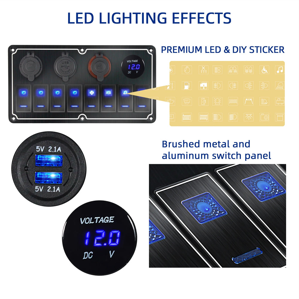 Metal 12V-24V 8 Gang LED Rocker Switch Panel with USB Port 12V Outlet Voltmeter