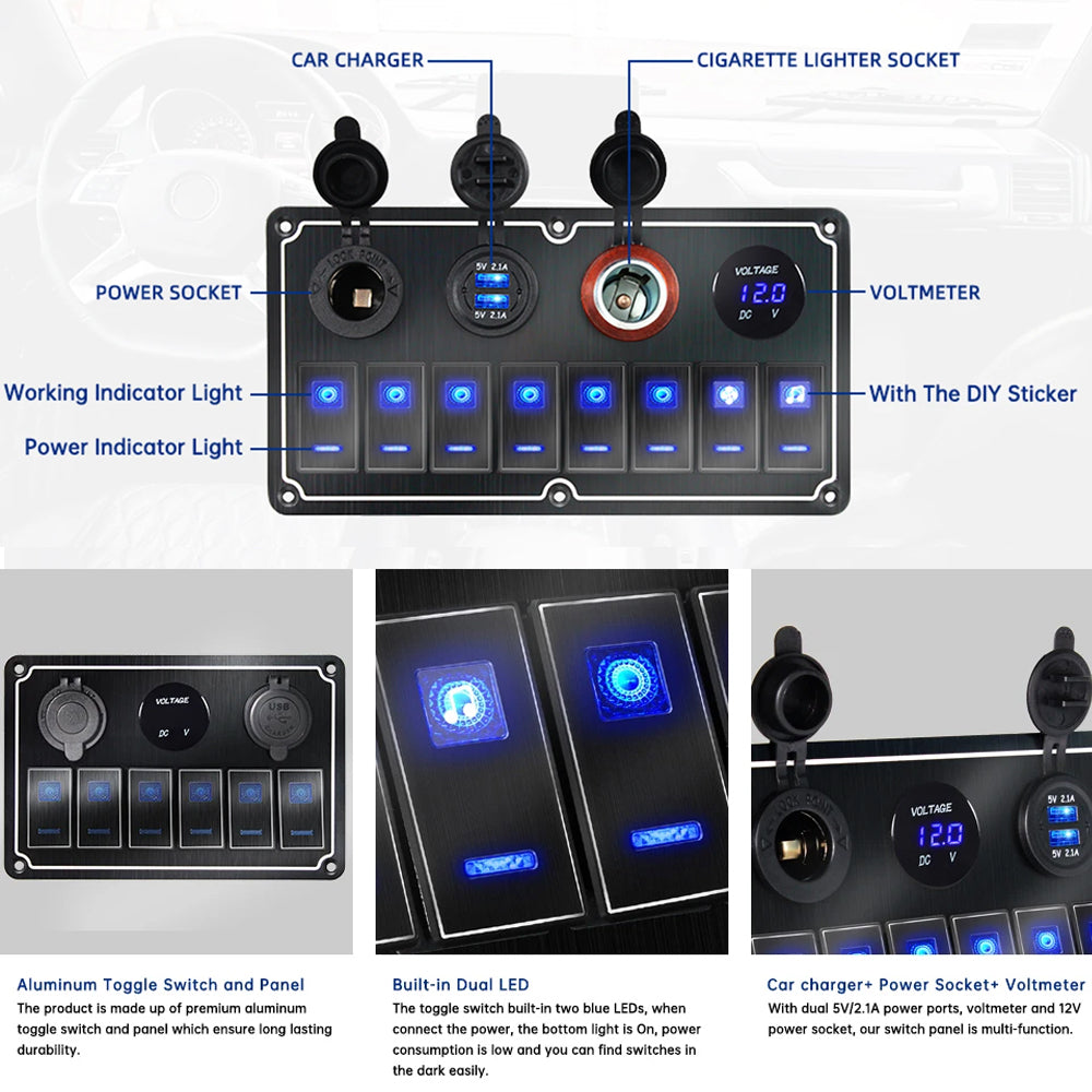 Metal 12V-24V 8 Gang LED Rocker Switch Panel with USB Port 12V Outlet Voltmeter