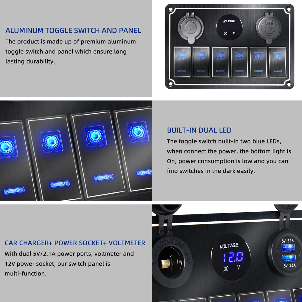 Metal 12V-24V 4 Gang LED Rocker Switch Panel with USB Port 12V Outlet Marine Car