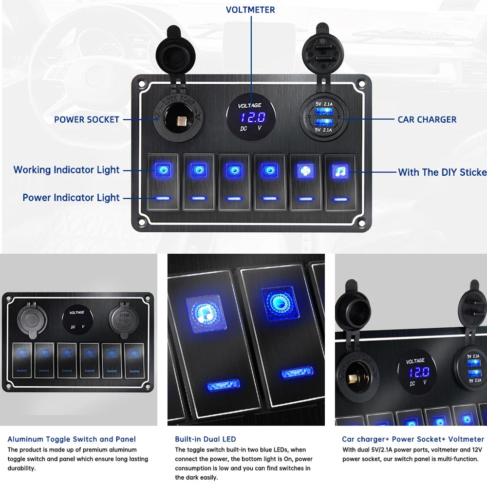 Metal 12V-24V 6 Gang LED Rocker Switch Panel with Voltmeter USB Port 12V Outlet
