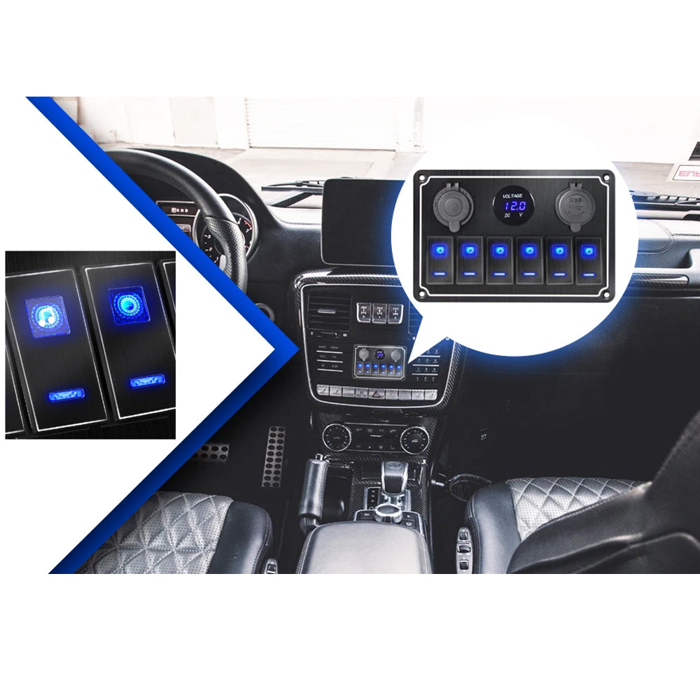 Metal 12V-24V 6 Gang LED Rocker Switch Panel with USB Port 12V Outlet Voltmeter