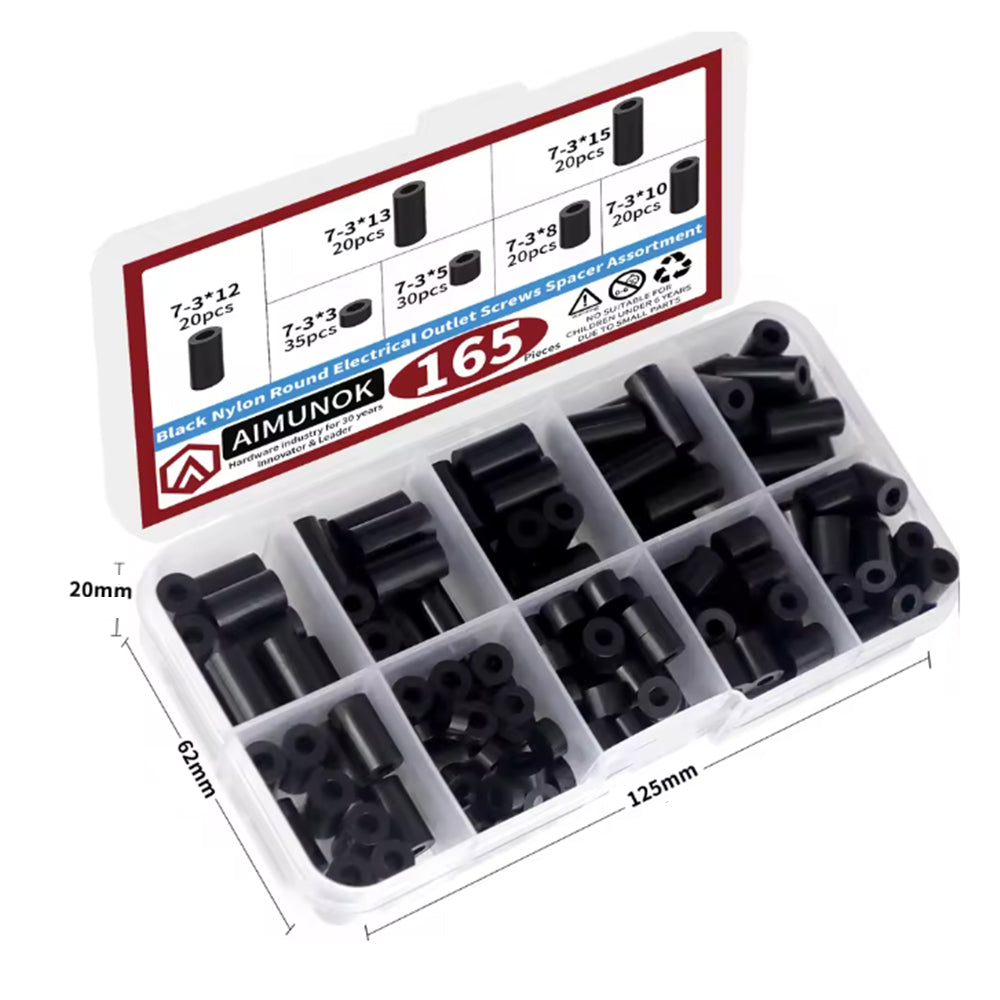 165pcs Black Nylon Spacer Kit Non-Threaded Round for Switch & Receptacle Screws