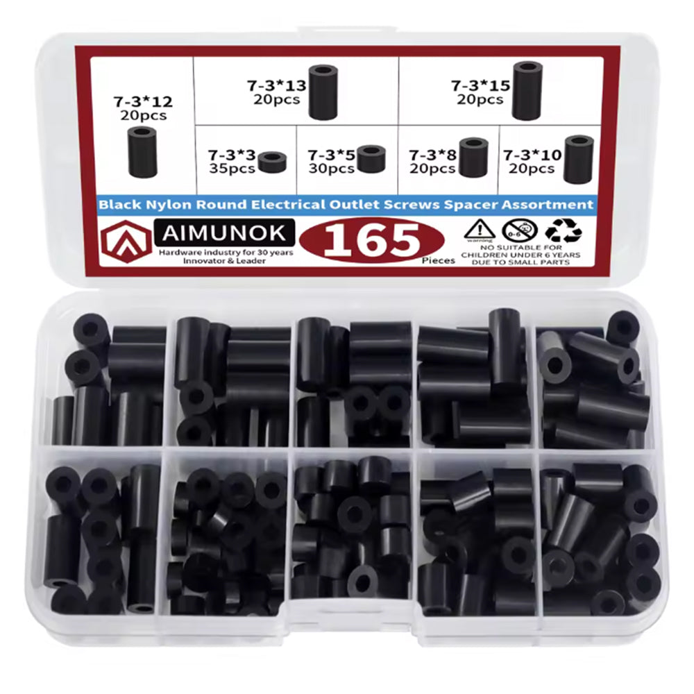 165pcs Black Nylon Spacer Kit Non-Threaded Round for Switch & Receptacle Screws
