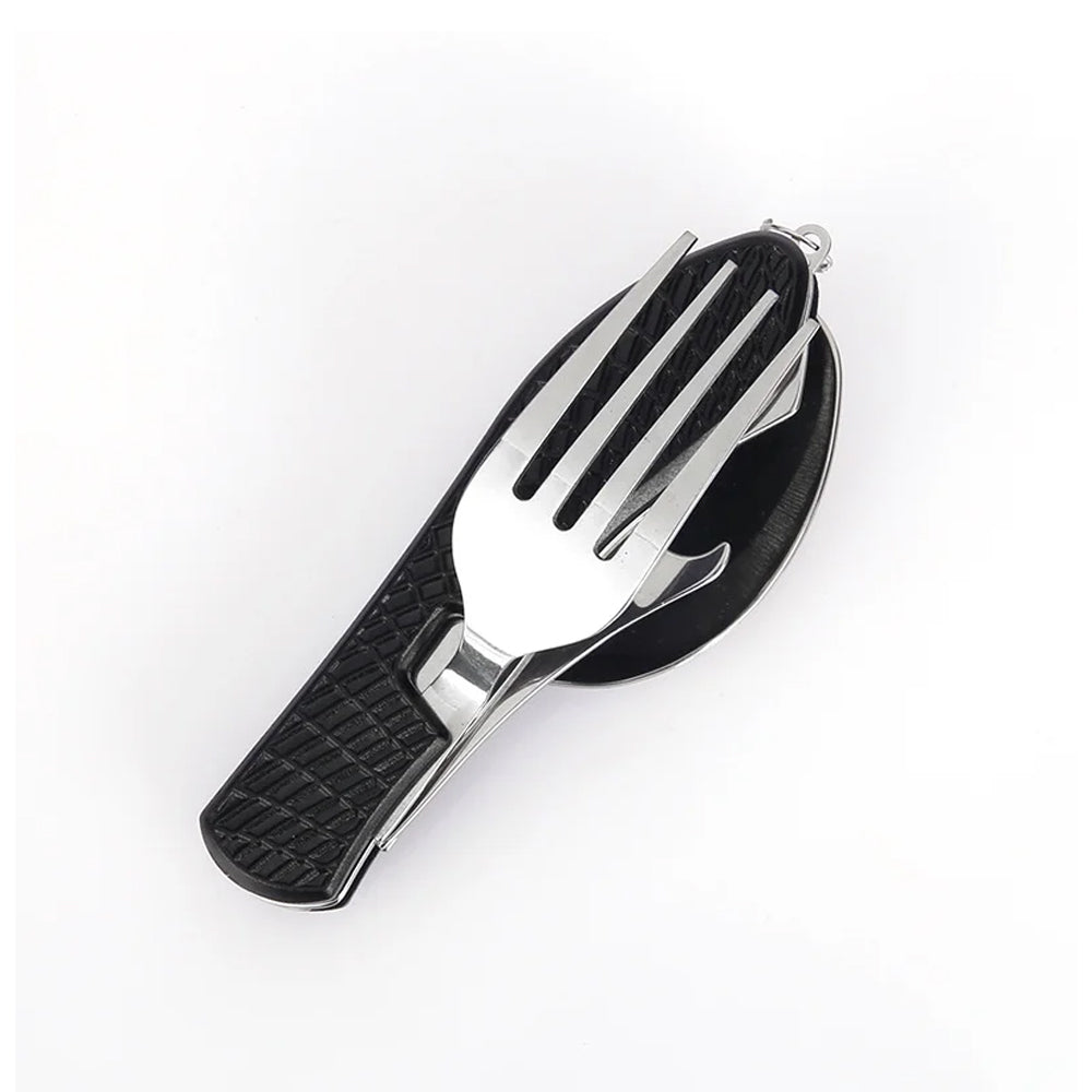 Black Foldable Multi-Functional Knife Fork Spoon Combo for Camping and Travel