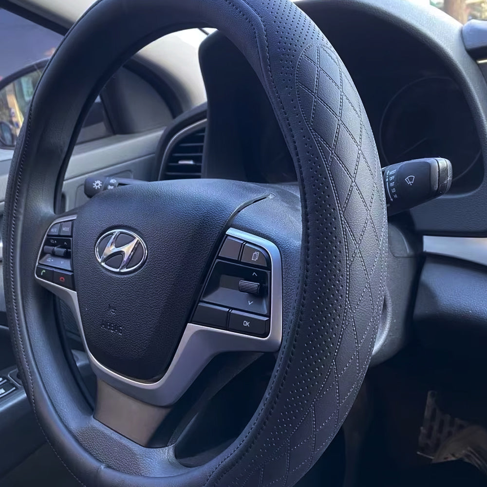 Napa Leather Car Steering Wheel Cover Universal 38cm Non-slip Breathable Black