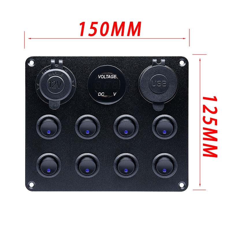 12V-24V Green 8 Switch Panel USB Port 12V Outlet Combination Marine LED Rocker