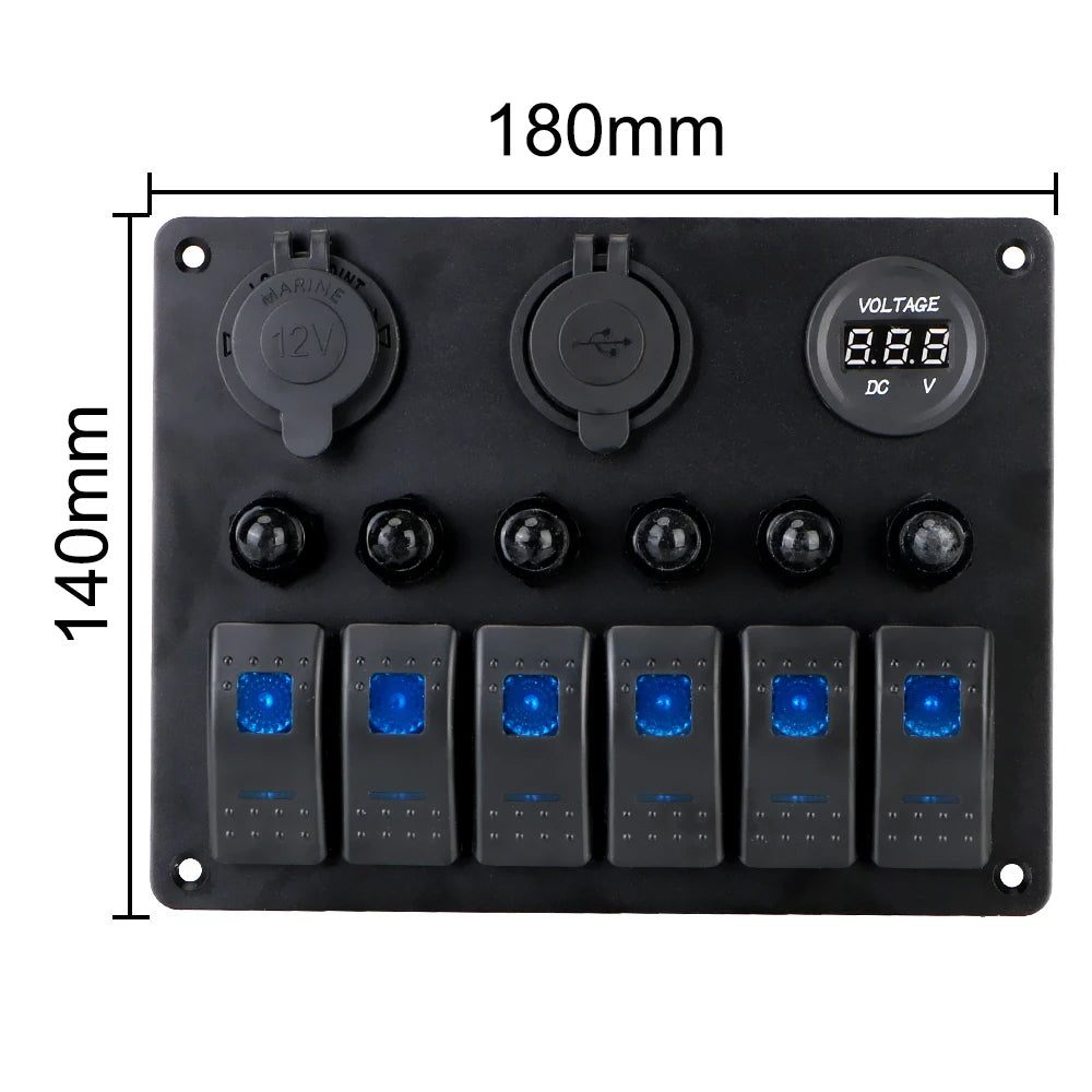 Blue 6 Gang Switch Panel USB Charger Circuit Breakers Voltmeter Power Socket
