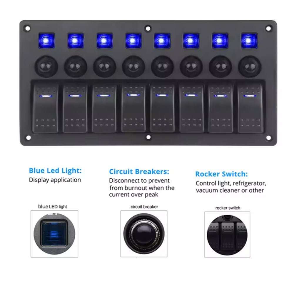 8 Gang Rocker Switch Panel Blue LED Lights Pre-Wired with Circuit Breakers