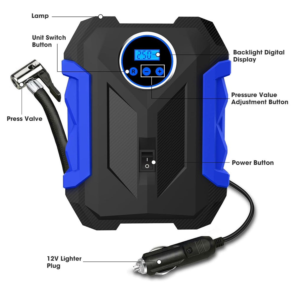 Blue Car Air Compressor Pump Tire Inflator 12V 3M Cigarette Lighter Plug Cable