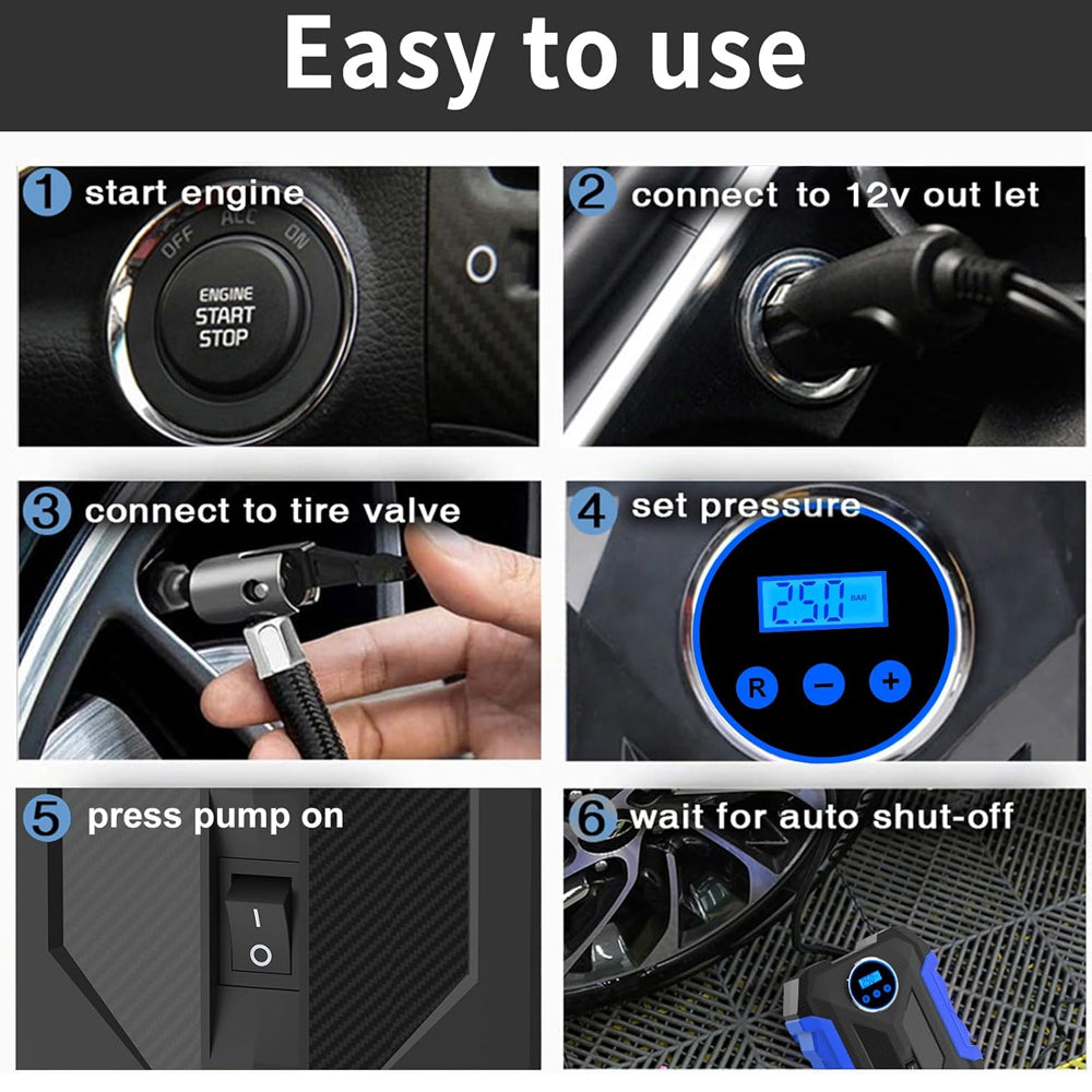 Blue Car Air Compressor Pump Tire Inflator 12V 3M Cigarette Lighter Plug Cable