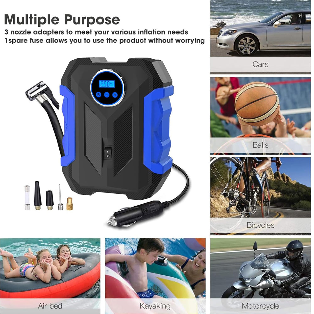 Blue Car Air Compressor Pump Tire Inflator 12V 3M Cigarette Lighter Plug Cable