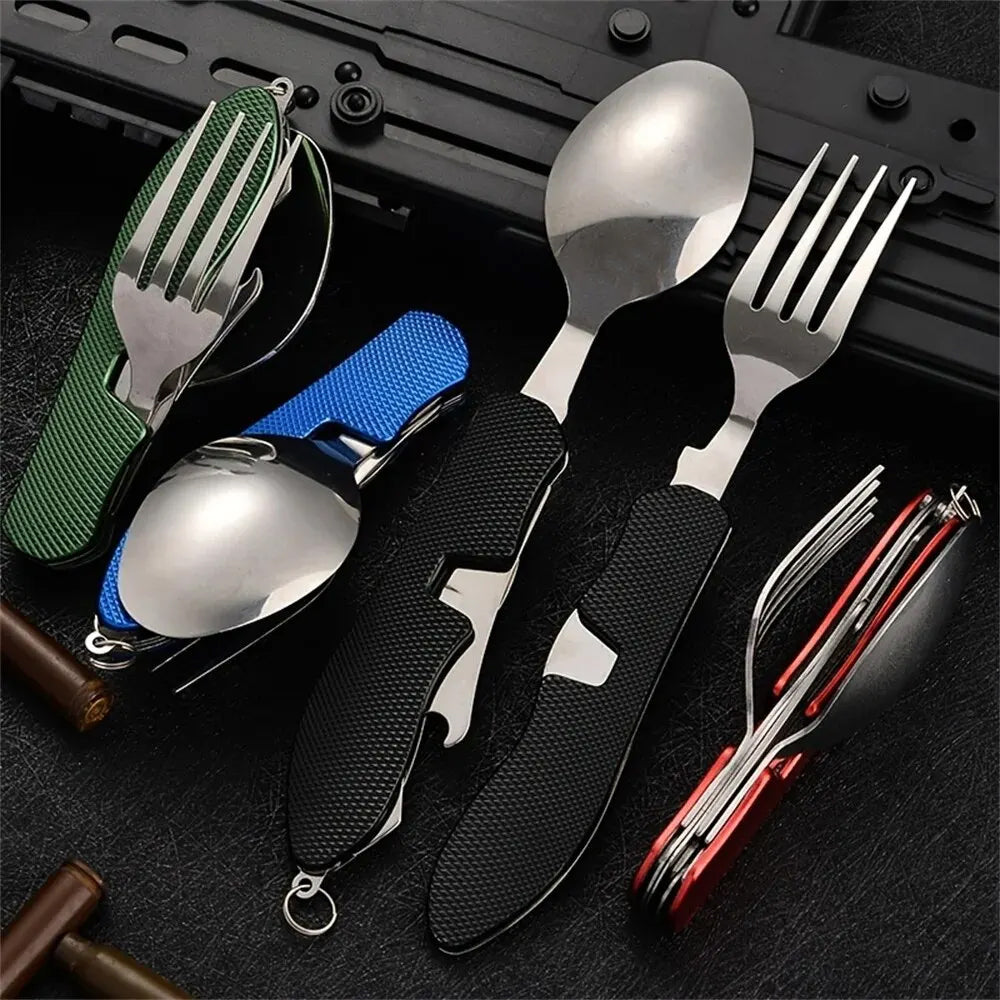 Blue Foldable Multi-Functional Knife Fork Spoon Combo for Camping and Travel
