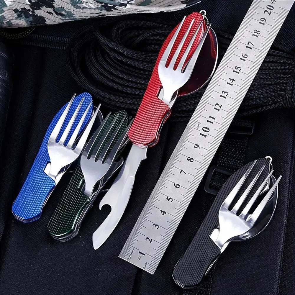 Blue Foldable Multi-Functional Knife Fork Spoon Combo for Camping and Travel