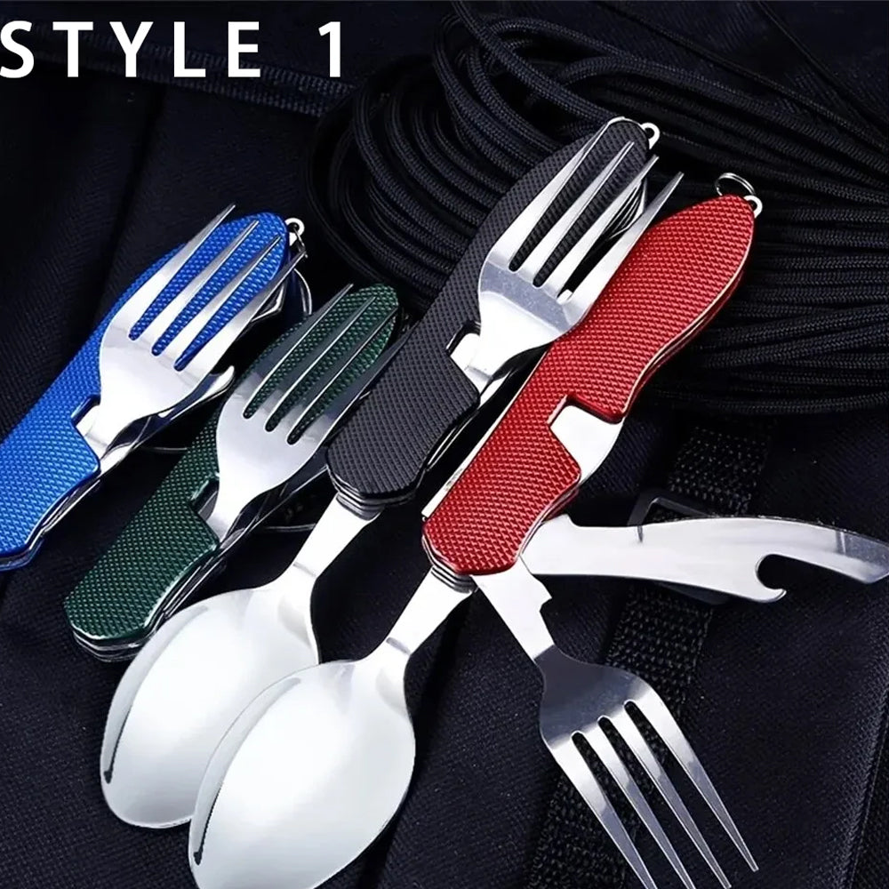 Blue Foldable Multi-Functional Knife Fork Spoon Combo for Camping and Travel