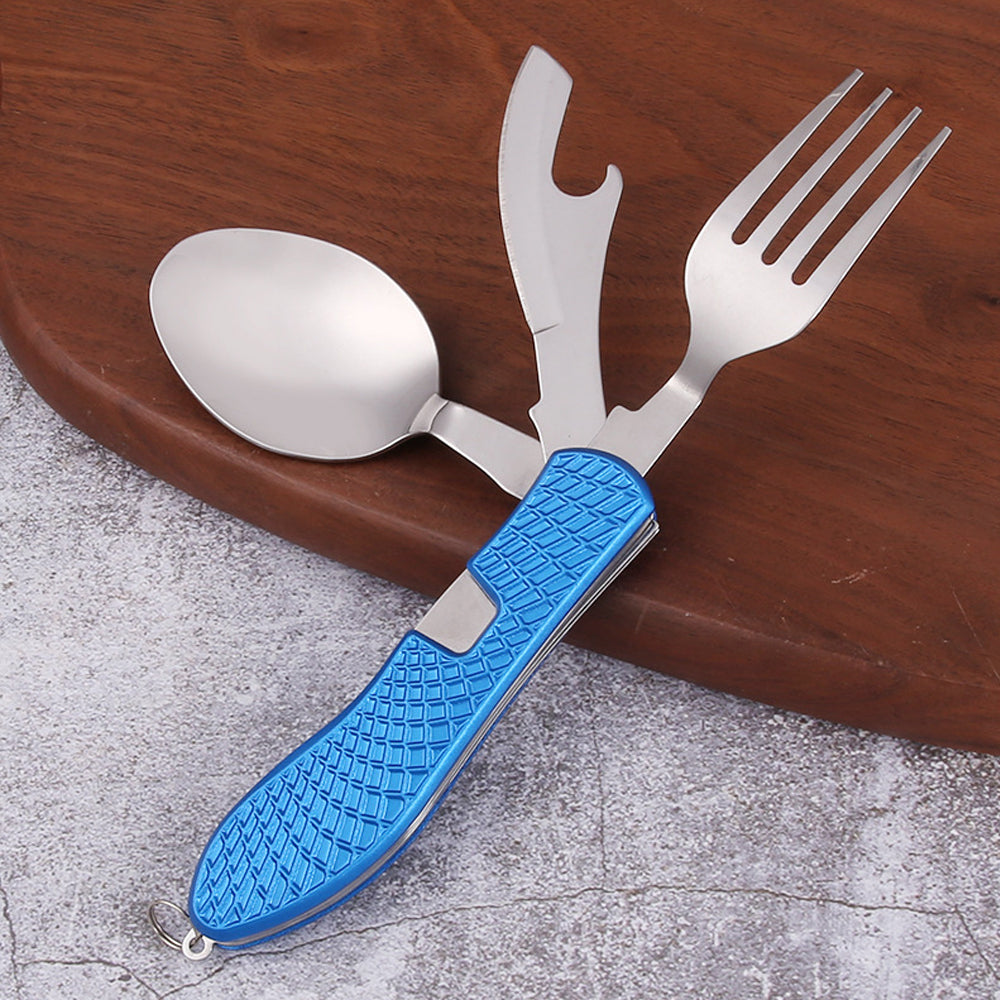 Blue Foldable Multi-Functional Knife Fork Spoon Combo for Camping and Travel