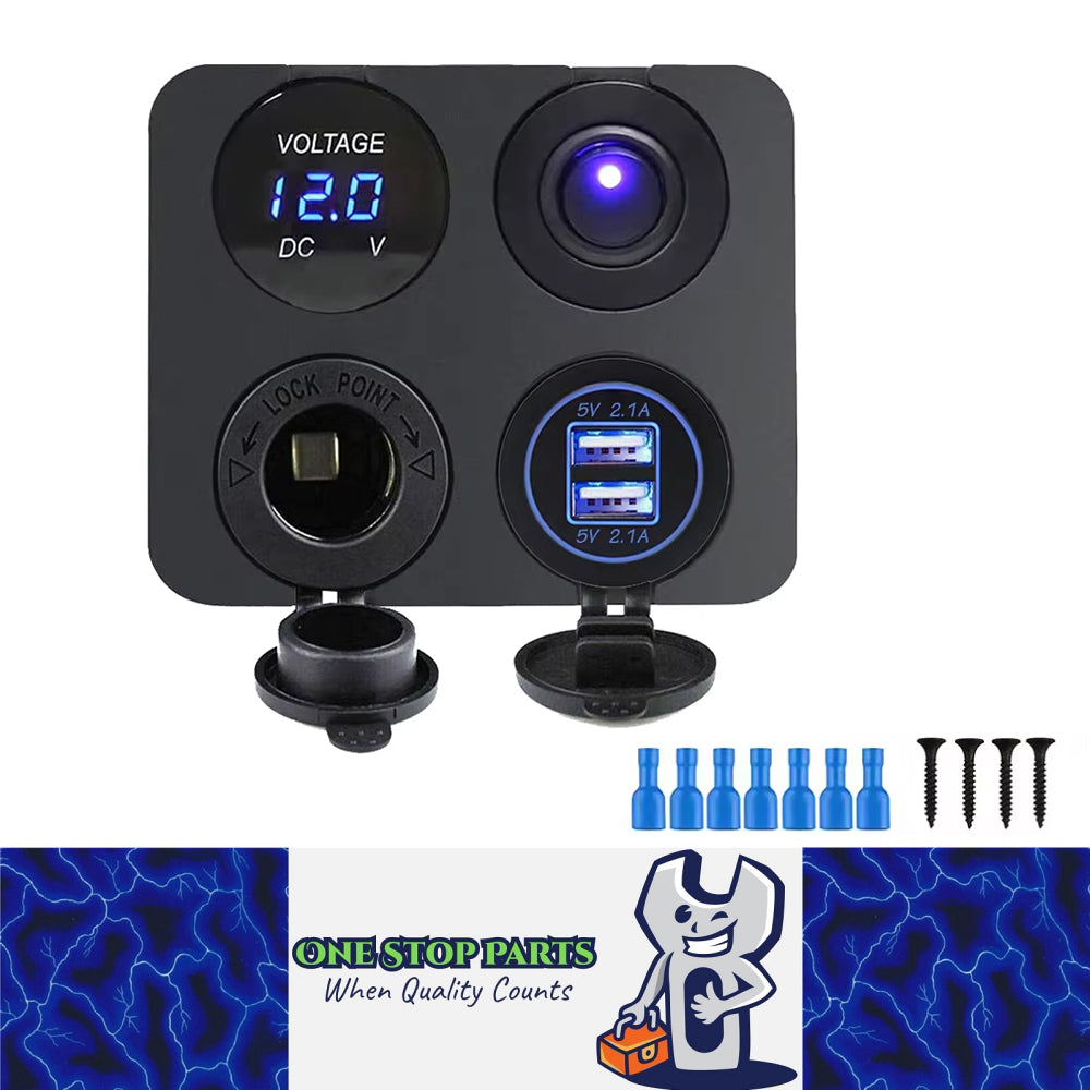Blue LED 4 in1 12V Switch Panel USB Charger Voltmeter Switch and Power Socket