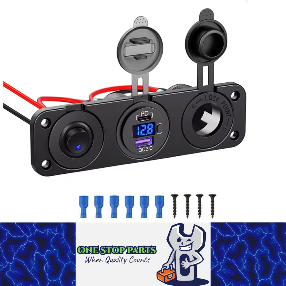 4in1 Blue LED Switch Panel 12V PD USB C QC3.0 USB Charger Voltmeter Power Socket