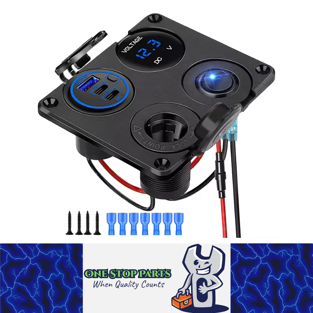 4in1 Blue LED Switch Panel 12V QC3.0+Dual PD USB Charger Voltmeter Power Socket