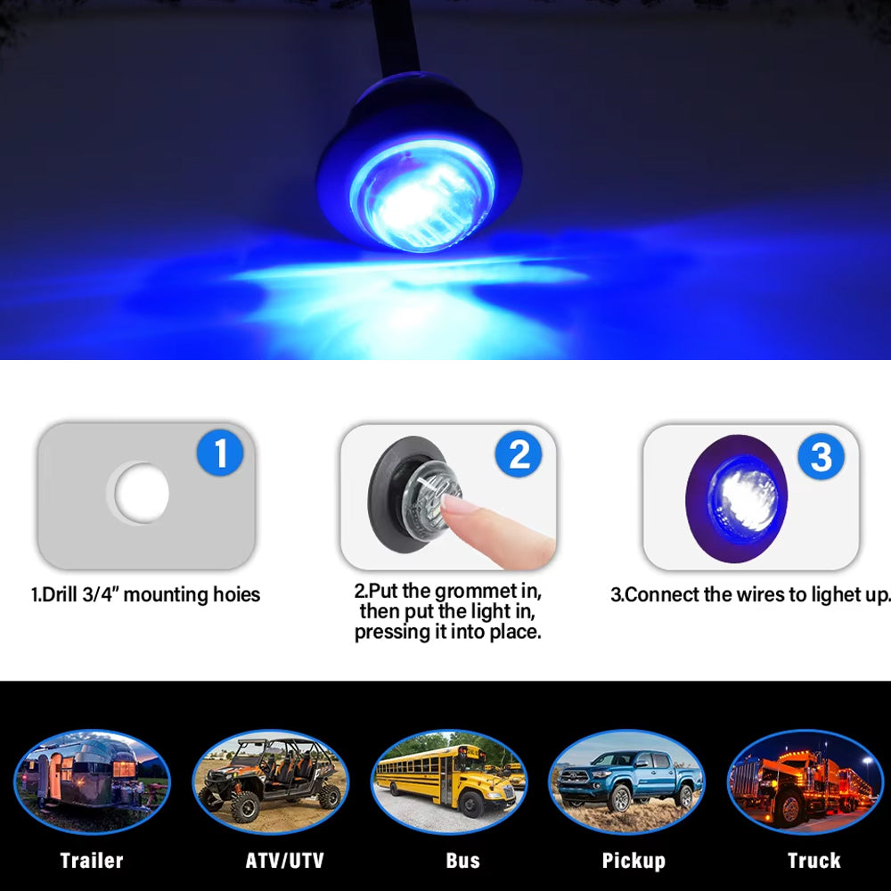 50 x Blue Round LED Side Marker Lamps 1.91CM 3LED 12V LED Signal Indicator Light