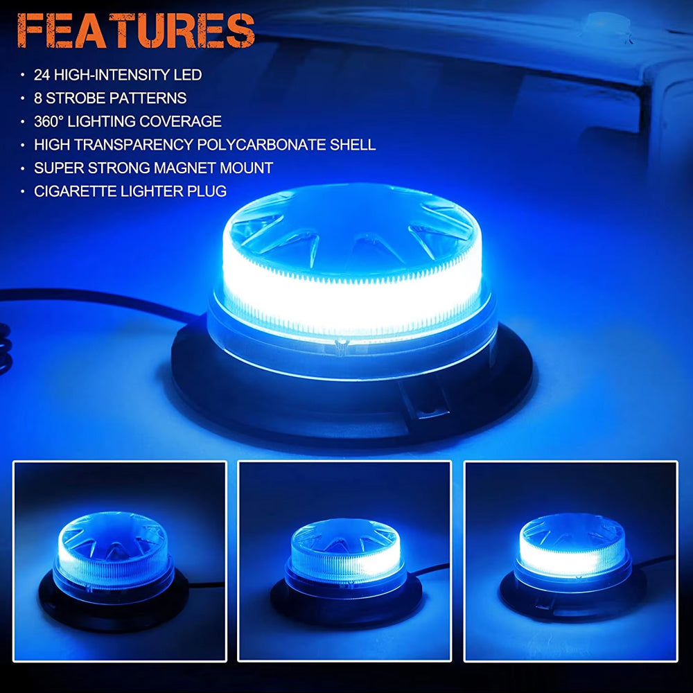 Blue LED Emergency Strobe Light Magnetic Base Roof Flashing Beacon Warning Light
