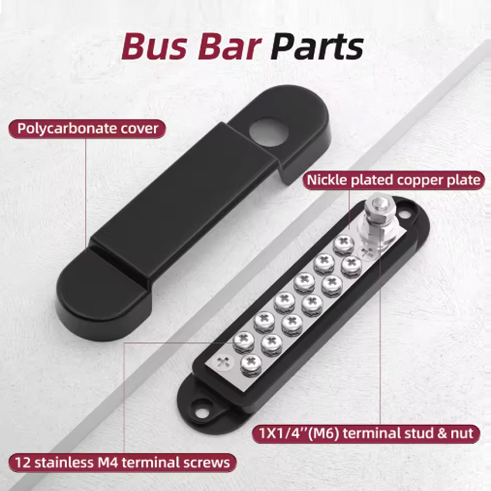 Bus Bar 12V-48V 150A Power Distribution Block 1xM6 Posts Studs 12xM4 Terminals