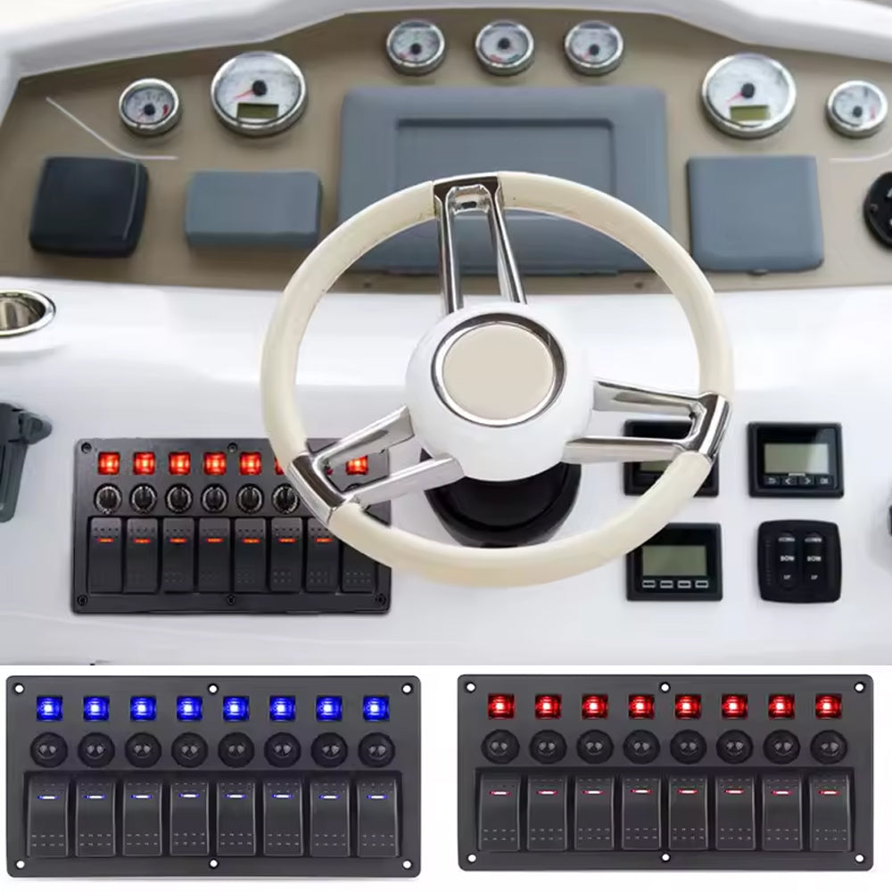 8 Gang Rocker Switch Panel Red LED Lights Pre-Wired with Circuit Breakers