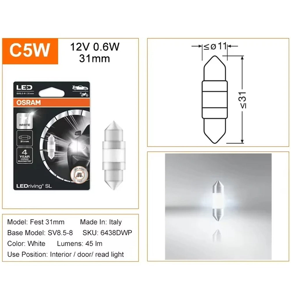 1 x OSRAM C5W LED Festoon 31mm 12V 6000K White LEDriving SL Osram 31mm Festoon