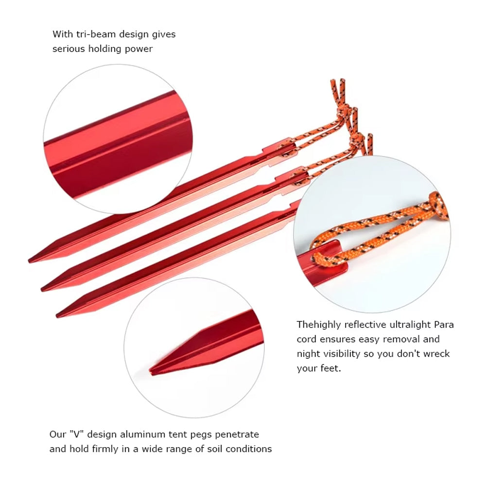 20 x Red Tent Stakes 18CM Tri-Beam Tent Pegs with Rope Ground Nails Stakes