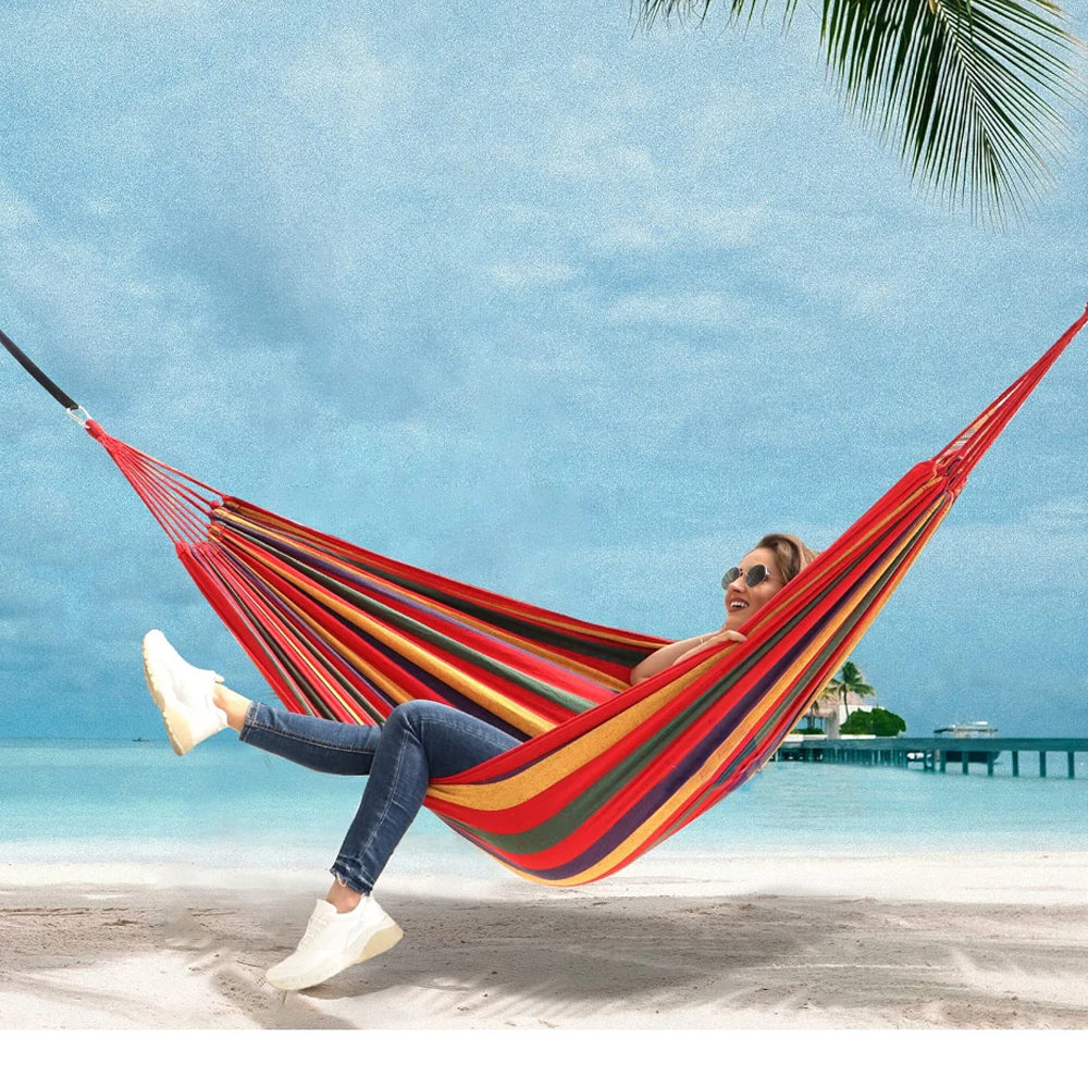1 x Blue Canvas Hammock Camping Swing with Tree Ropes Load-bearing Up to 200kg