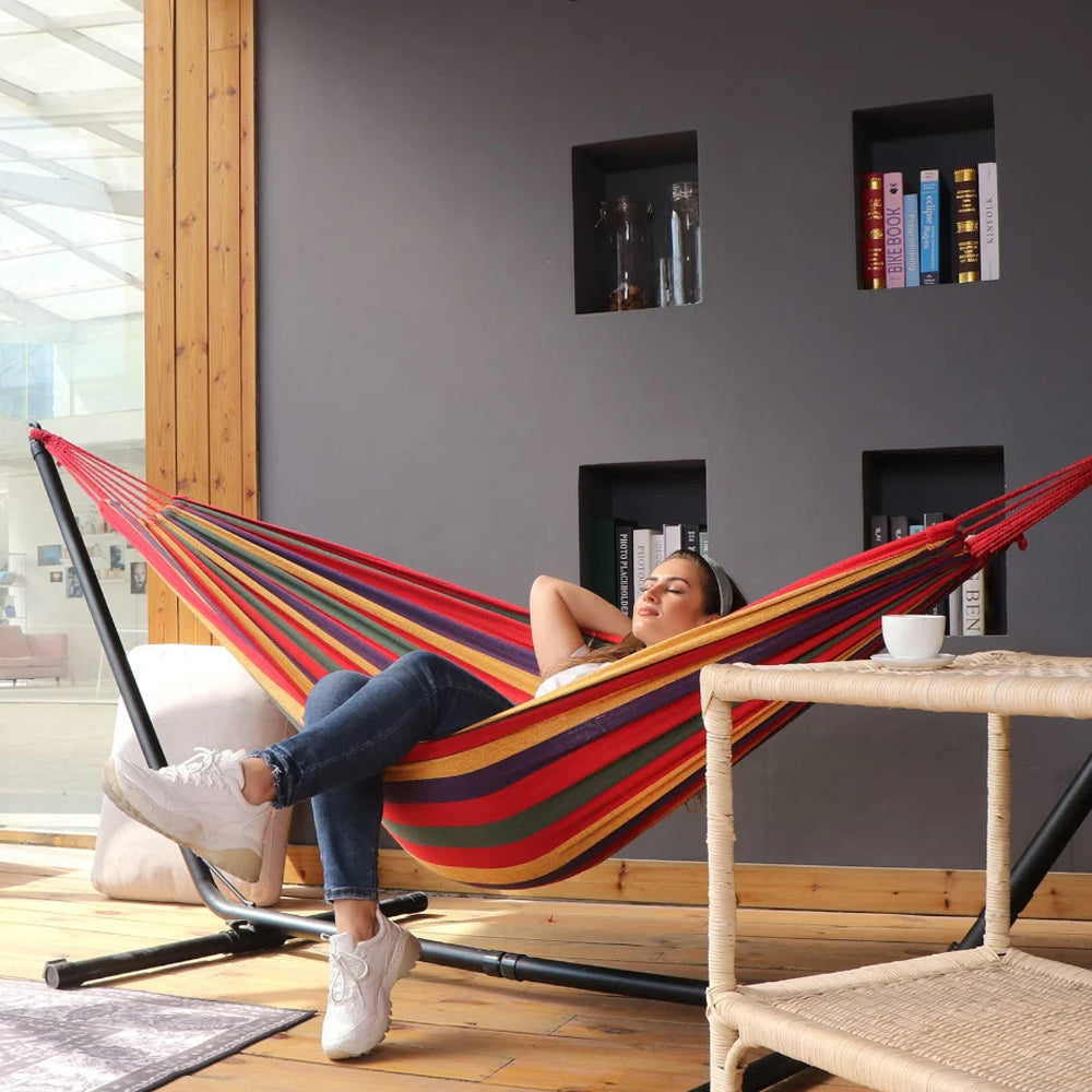 1 x Blue Canvas Hammock Camping Swing with Tree Ropes Load-bearing Up to 200kg