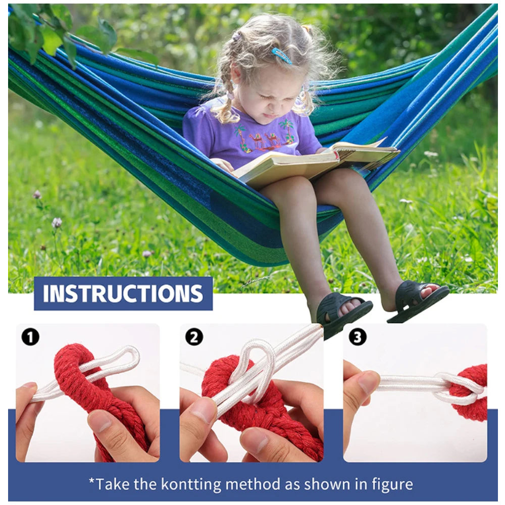 1 x Blue Canvas Hammock Camping Swing with Tree Ropes Load-bearing Up to 200kg