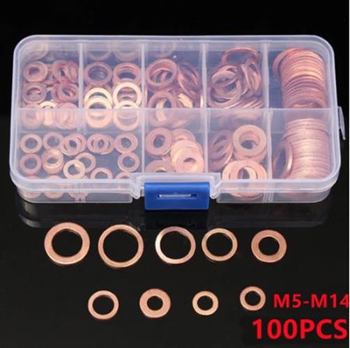 100 Copper Washer Gasket Nut And Bolt Set Flat Ring Seal Assortment Kit (100pcs)