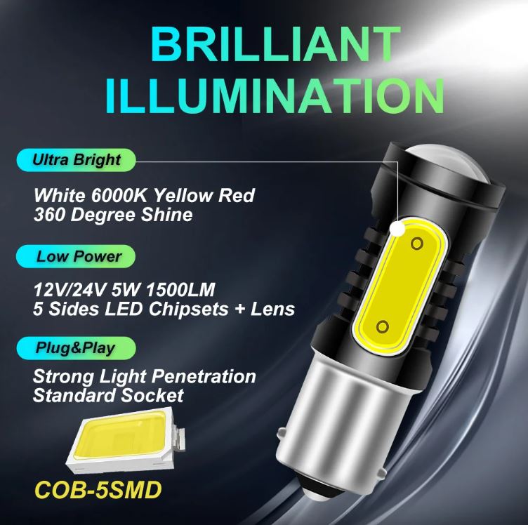 2 x BAY15D 12v White Stop/Tail Dual Brightness LED 5smd COB super Bright (2pcs)