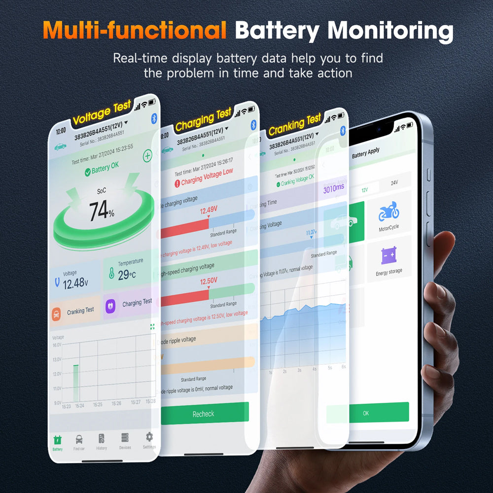 Car Battery Monitor 12V-24V Battery Tester SOC Battery Health Analyzer Tools