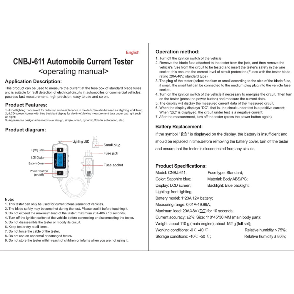Car Current Tester Blade Fuse Max 48V 20A Circuit Tester Repair Detector Tool