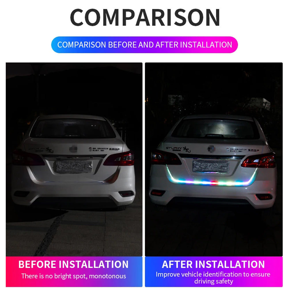 120cm Car Rear Trunk Tail Light Rainbow Dynamic Reverse Stop/Tail LED Strip Lamp
