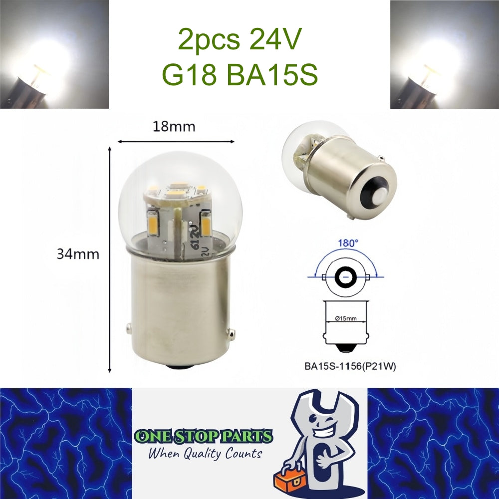 2 x Cool White G18 BA15S 1156 24V 12SMD 100LM LED Globes (2pcs)
