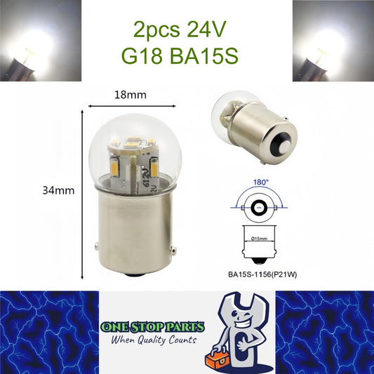 2 x Cool White G18 BA15S 1156 24V 12SMD 100LM LED Globes (2pcs)