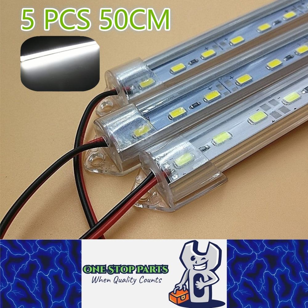 5 x 12v 50cm Cool White Aluminium Body LED Strip with Clear Lens and end mounts
