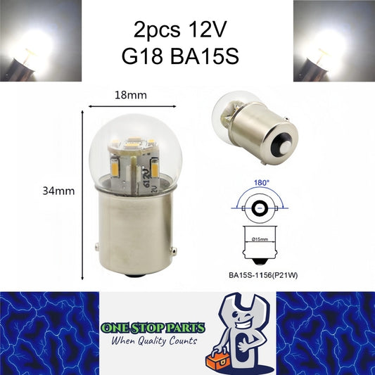 2 x Cool White G18 BA15S 1156 12V 12SMD 100LM LED Globes (2pcs)